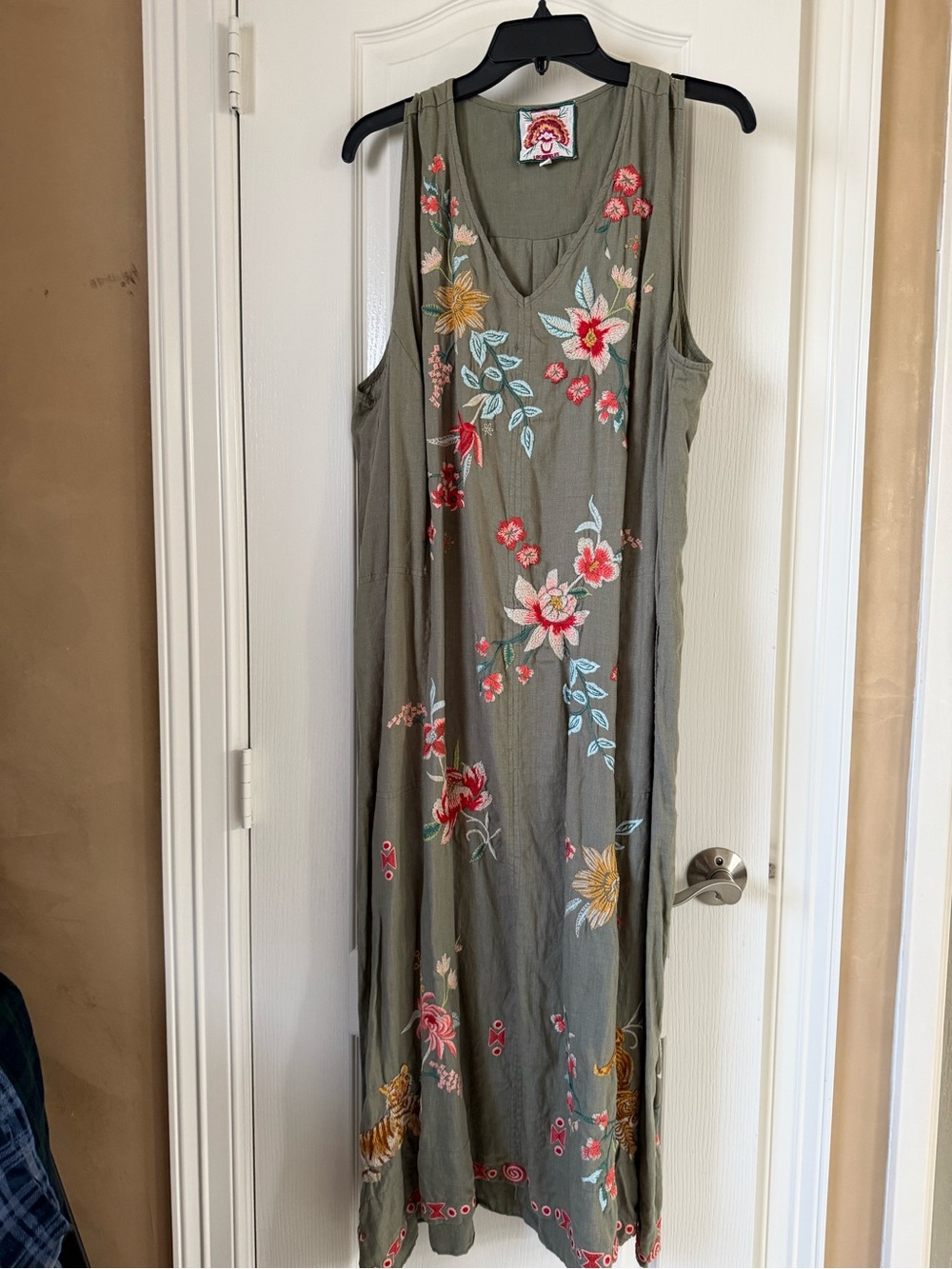 Johnny Was Olive Green Embroidered Floral Maxi Dress